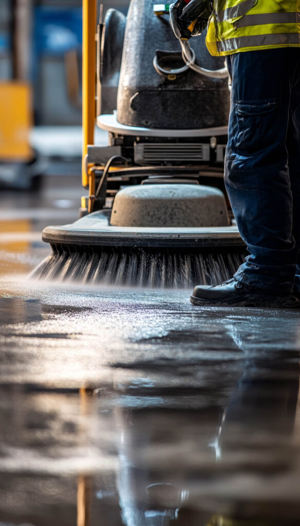 Action shot of industrial floor cleaning machine with blurred background and safety gear worker