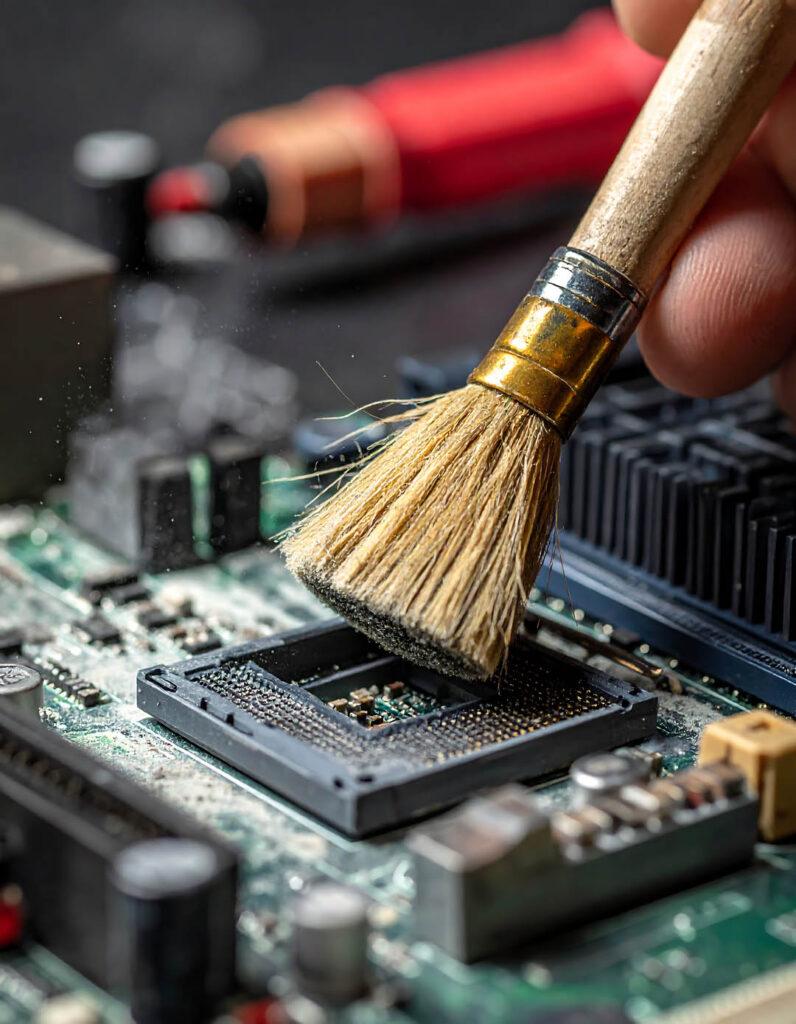 Brush cleaning a computer motherboard socket, dust visible, in close-up, with tools in the background