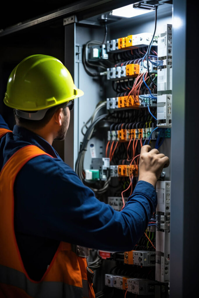A male electrician works in a switchboard with an electrical connecting cable.